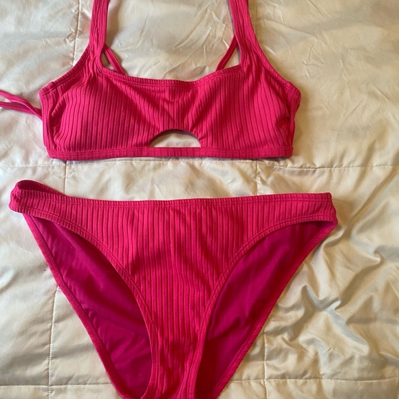 Hot Pink cut out Xhilaration ribbed bikini. Top - L bottom - XL NEVER WORN - Picture 3 of 6